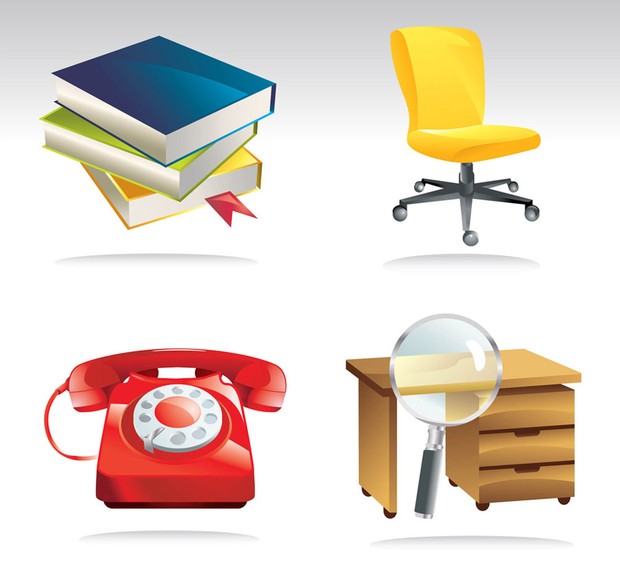 Books, chair, phone and table vectors
