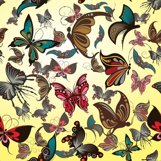 Pattern of colorful butterflies on yellow background