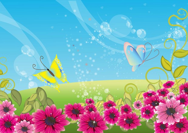 Colorful landscape with pink flowers, yellow butterfly and blue sky