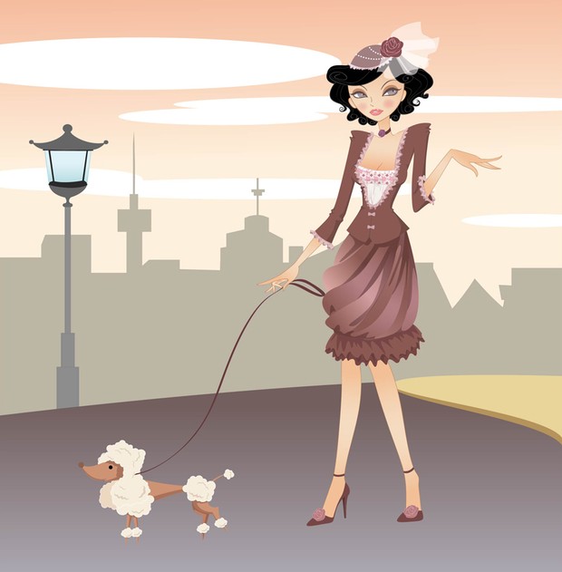 Elegant urban woman with small accessory dog