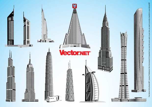 Empire State Building, Emirates Towers, John Hancock Center, Ryugyong Hotel, Burj al-Arab, Chrysler Building, Willis Tower, Sears Tower, Burj al-Alam, Pentominium Dubai