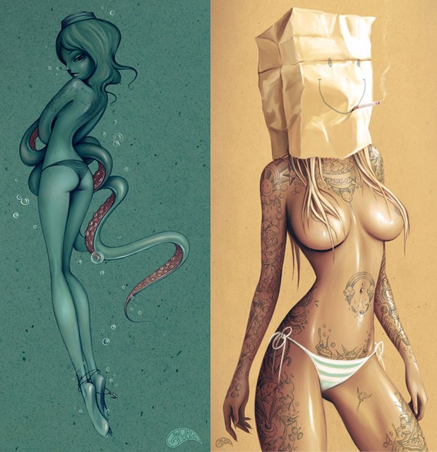 Sexy smoking girl and girl with octopus