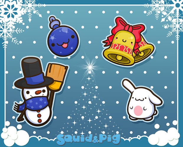 Snowman, Bunny, Bell & Ornaments by SquidPig