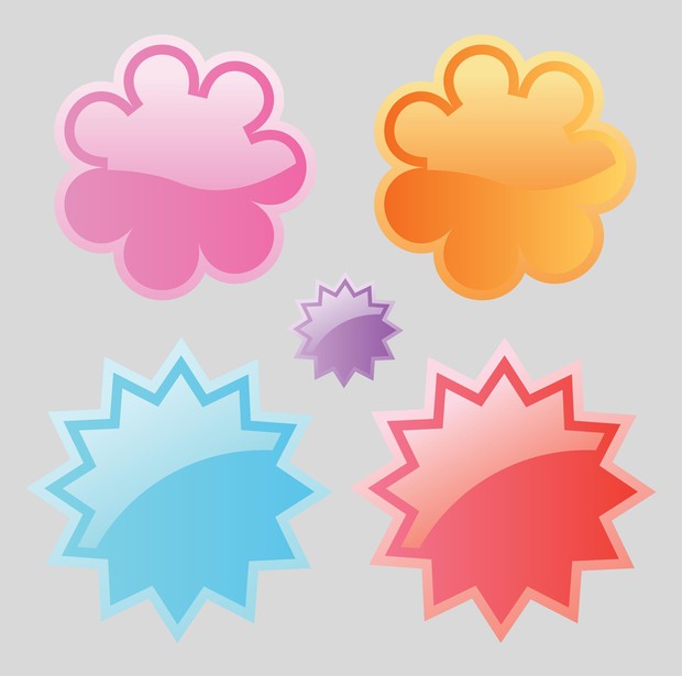 Five web vector badges in different colors